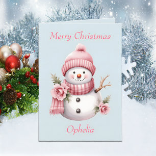 Cute Pink Snowman Daughter Christmas Card