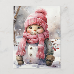 Cute pink Snowman Holiday Postcard