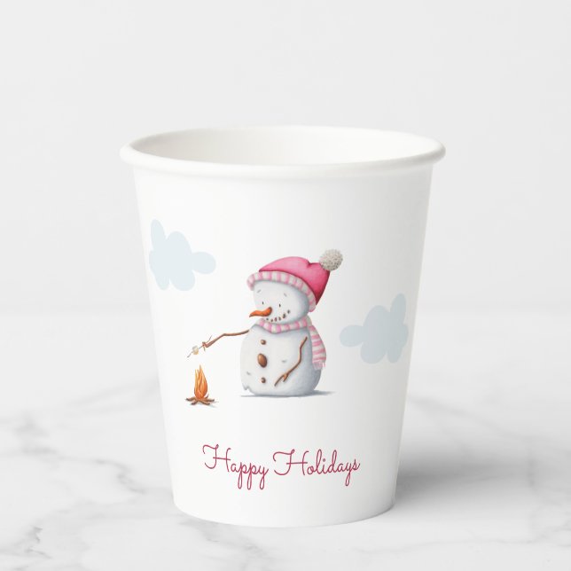 Cute Pink Snowman Marhsmallows Paper Cups (Front)