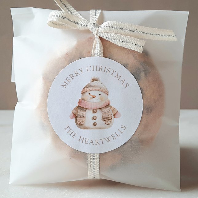 Cute Pink Snowman Personalised Merry Christmas Classic Round Sticker (Creator Uploaded)