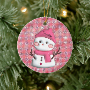 Cute Pink Snowman Personalised Name Ceramic Ornament