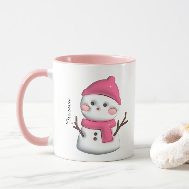 Cute Pink Snowman Personalised Name  Mug (With Donut)