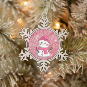 Cute Pink Snowman Personalised Name Snowflake Pewter Christmas Ornament