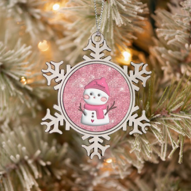 Cute Pink Snowman Personalised Name Snowflake Pewter Christmas Ornament (Tree)