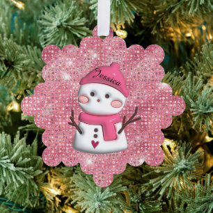 Cute Pink Snowman Personalised Name Tree Decoration Card