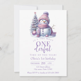 Cute Pink Snowman Winter Birthday Invitation