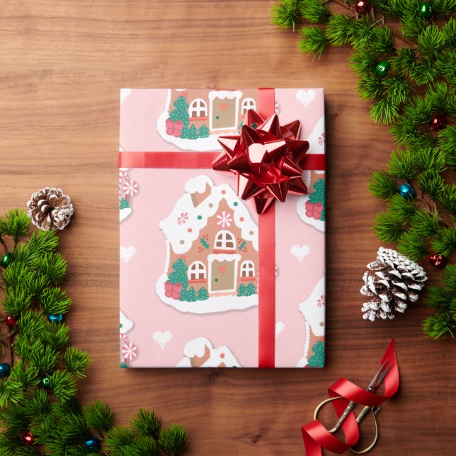Cute Pink Snowy Gingerbread House Wrapping Paper (Holiday Gift)