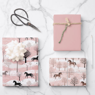 Cute Pink Snowy Winter Horse Wrapping Paper