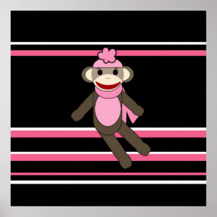 Cute Pink Sock Monkey Girl Flower Hat Stripes Poster