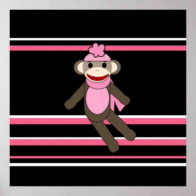 Cute Pink Sock Monkey Girl Flower Hat Stripes Poster (Front)