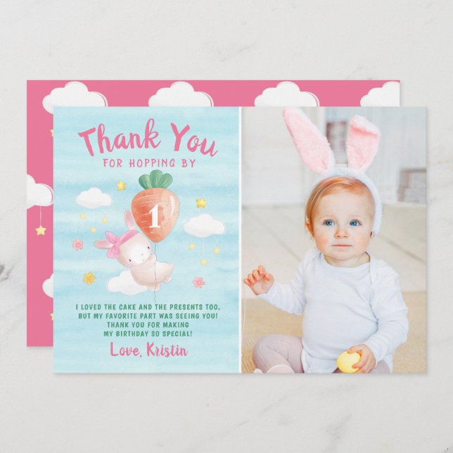 Cute Pink Some Bunny with Carrot Photo Birthday Thank You Card (Front/Back)