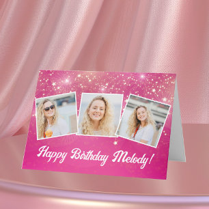 Cute Pink Sparkle Photo Collage Custom Birthday Card