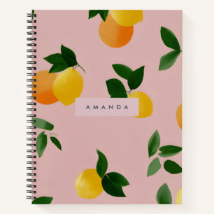 Cute Pink Spiral Notebook Lemon Orange Fruits