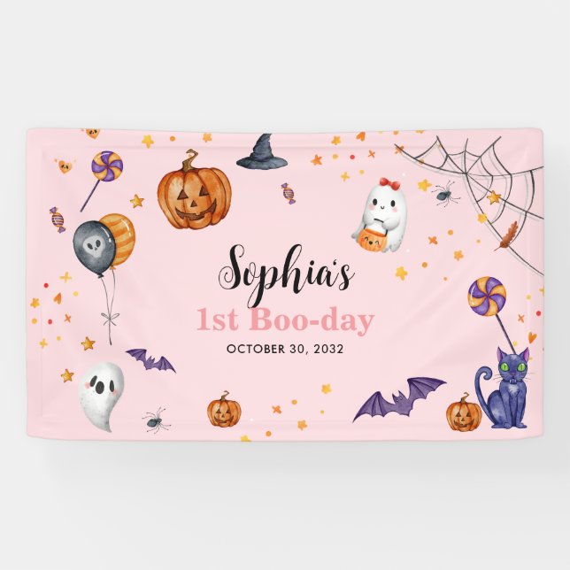 Cute Pink Spooky Halloween Kids Birthday Banner (Horizontal)