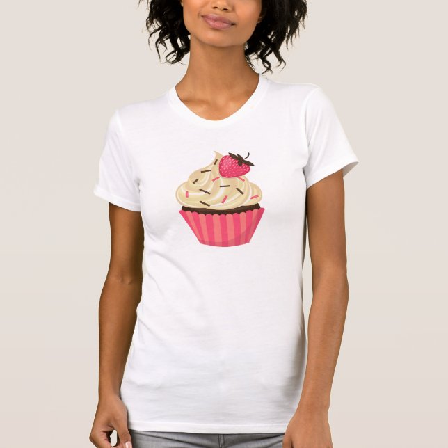Cute Pink Sprinkles Strawberry Cupcake T-Shirt (Front)