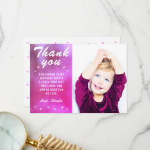 Cute Pink Star Metallic Girly Birthday Photo Thank You Card