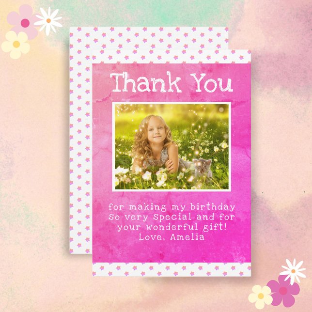 Cute Pink Star Pattern Girl Photo Birthday Thank You Card (Creator Uploaded)