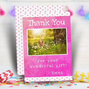 Cute Pink Star Pattern Girly Photo Birthday Thank You Card