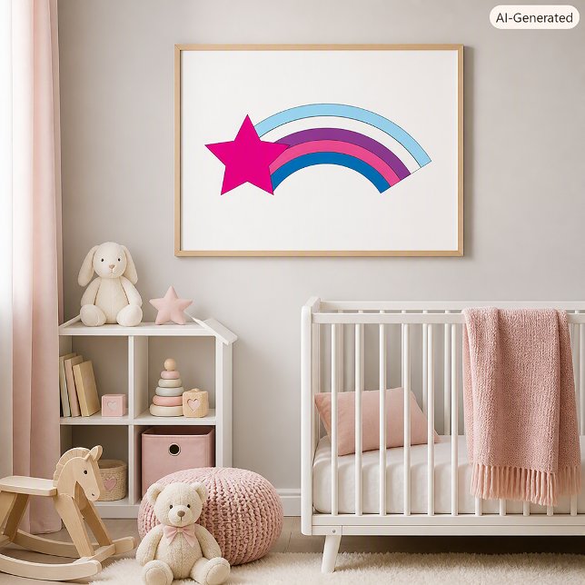 Cute Pink Star Rainbow Illustration Poster (A poster featuring a pink heart with a blue, purple and pink rainbow.)