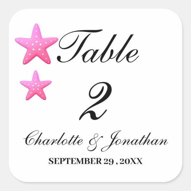 Cute Pink Starfish Beach Wedding Table Numbers  Square Sticker (Front)