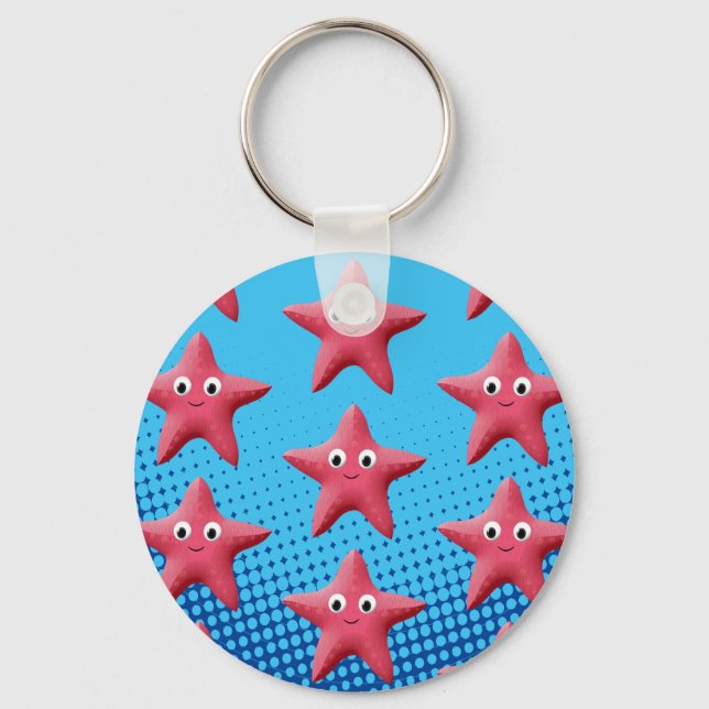 Cute Pink Starfish Blue Ocean Key Ring (Front)