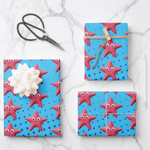 Cute Pink Starfish Blue Ocean Wrapping Paper Sheet