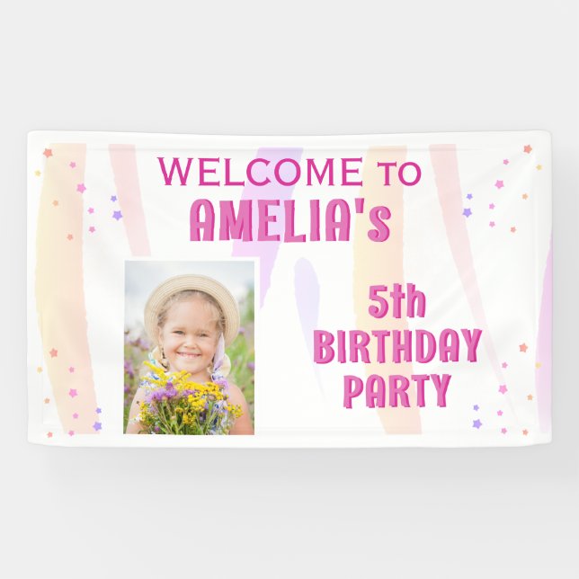 Cute Pink Stars Girl Photo Birthday Welcome  Banner (Horizontal)