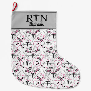 Cute Pink Stethoscope Nurse   Doctor EKG Pattern  Large Christmas Stocking