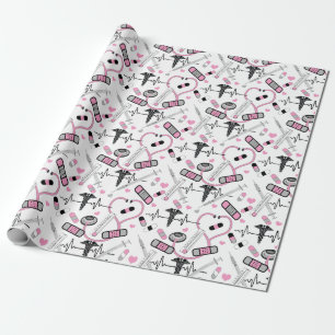 Cute Pink Stethoscope Nurse   Doctor EKG Pattern Wrapping Paper