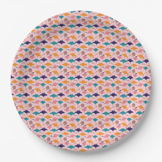 Cute pink sting ray and manta ray fish pattern paper plate (Front)