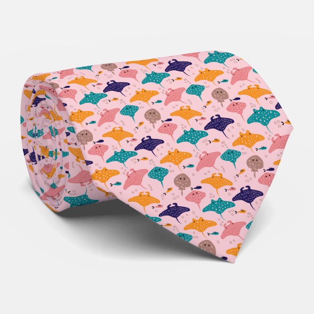 Cute pink sting ray and manta ray fish pattern tie (Rolled)
