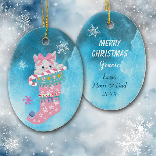 Cute Pink Stocking Kitten with Candy Cane Ceramic Ornament