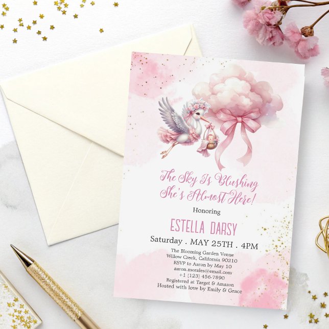 Cute Pink Stork & Cloud Baby Girl Shower  Invitation (Creator Uploaded)