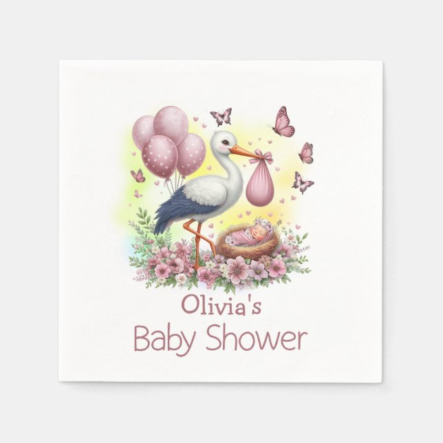 Cute Pink Stork Girl Baby Shower Napkins (Front)