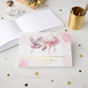 Cute Pink Stork with cloud Baby Girl Shower  Guest Book