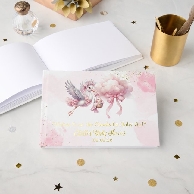 Cute Pink Stork with cloud Baby Girl Shower  Guest Book (Creator Uploaded)
