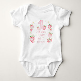 Cute Pink Strawberries Berry First 1st Birthday Baby Bodysuit