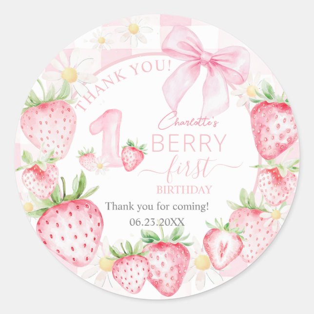 Cute Pink Strawberries Berry First 1st Birthday Classic Round Sticker (Front)