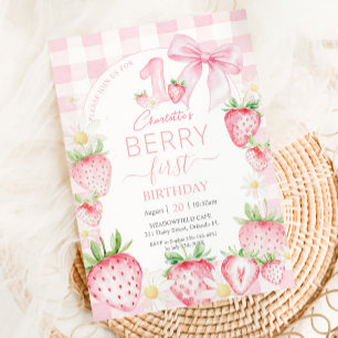 Cute Pink Strawberries Berry First 1st Birthday Invitation