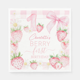 Cute Pink Strawberries Berry First 1st Birthday Napkin