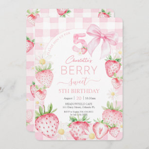 Cute Pink Strawberries Berry Sweet 5th Birthday Invitation