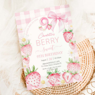 Cute Pink Strawberries Berry Sweet 9th Birthday Invitation
