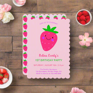 Cute Pink Strawberry 1st Birthday Party Baby Girl Invitation