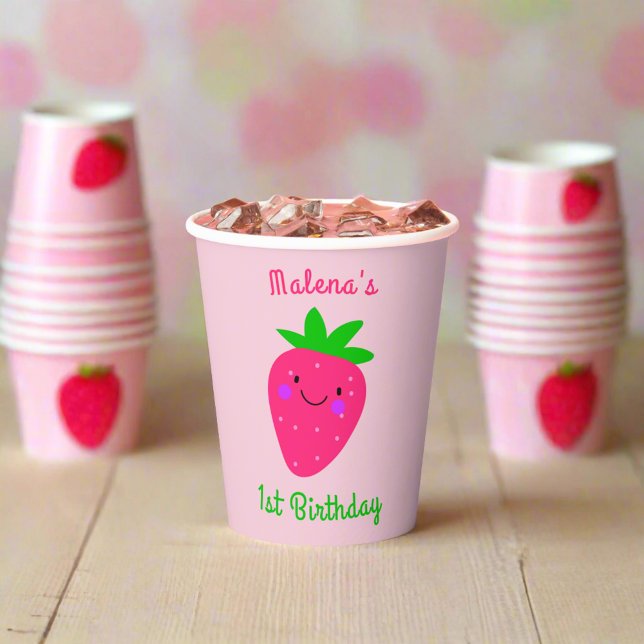 Cute Pink Strawberry 1st Birthday Party Kids Girl  Paper Cups (Creator Uploaded)