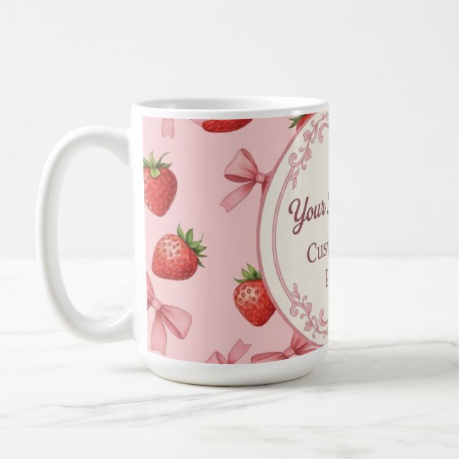 Cute Pink Strawberry and Bows Pattern Custom Name  Coffee Mug (Left)