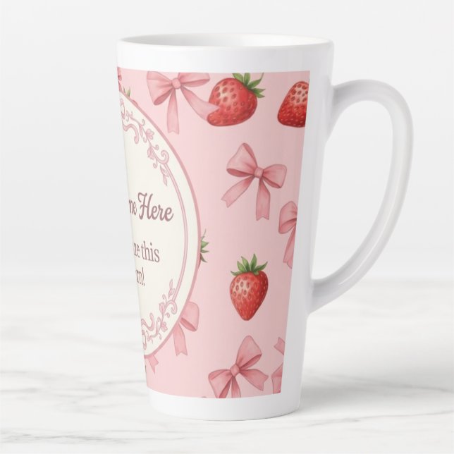 Cute Pink Strawberry and Bows Pattern Custom Name  Latte Mug (Right)