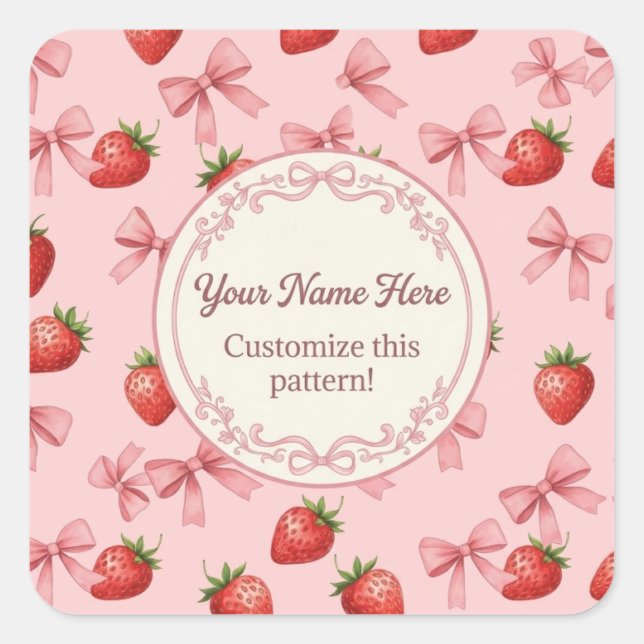 Cute Pink Strawberry and Bows Pattern Custom Name  Square Sticker (Front)