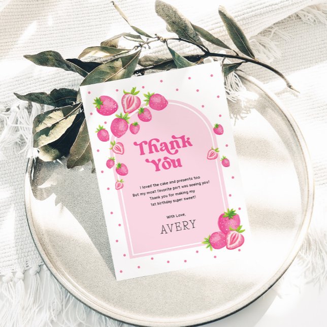 Cute Pink Strawberry Berry First 1st Birthday Thank You Card (Creator Uploaded)