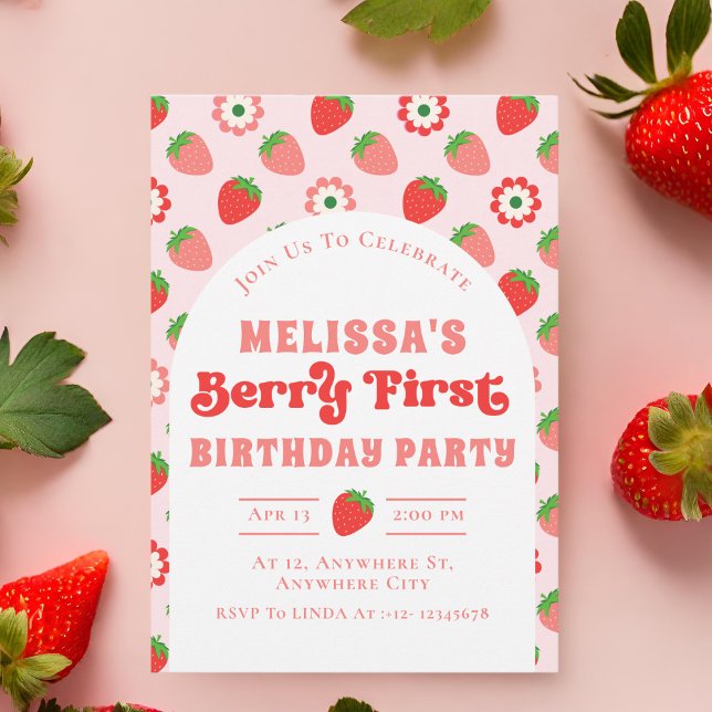 Cute Pink Strawberry Berry First Birthday Invitation (Creator Uploaded)