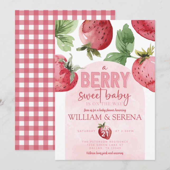 Cute Pink Strawberry Berry Sweet Baby Shower Invitation (Front/Back)